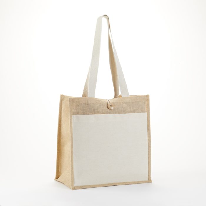 J920. Buddy 14H X 14 X 8D. Stylish Jute Tote bag with Exterior 10.oz Cotton Pocket. Top buttons with loop closures-512