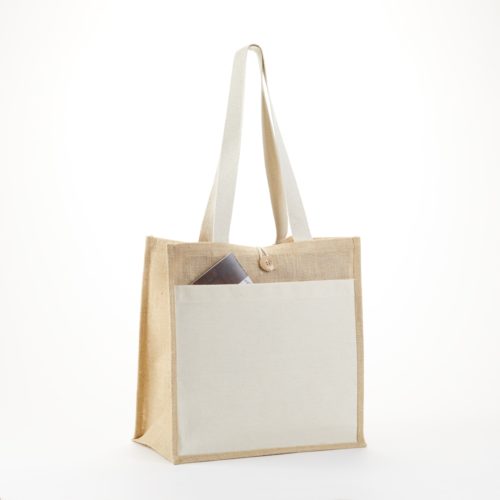 J920. Buddy 14H X 14 X 8D. Stylish Jute Tote bag with Exterior 10.oz Cotton Pocket. Top buttons with loop closures-0